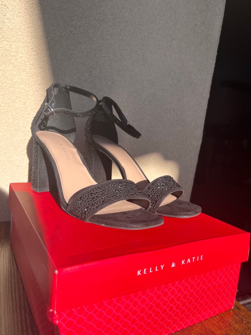 Kelly & Katie Black Suede Rhinestone Block Heel Sandals